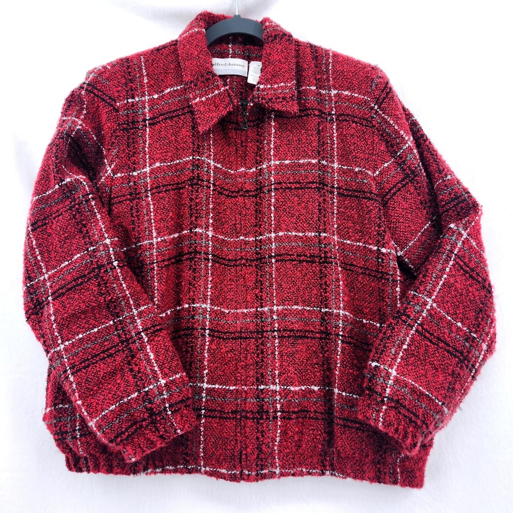 Alfred‎ Dunner Petite Red Plaid Boucle Zip Up Jacket Womens 10P Textured Bomber